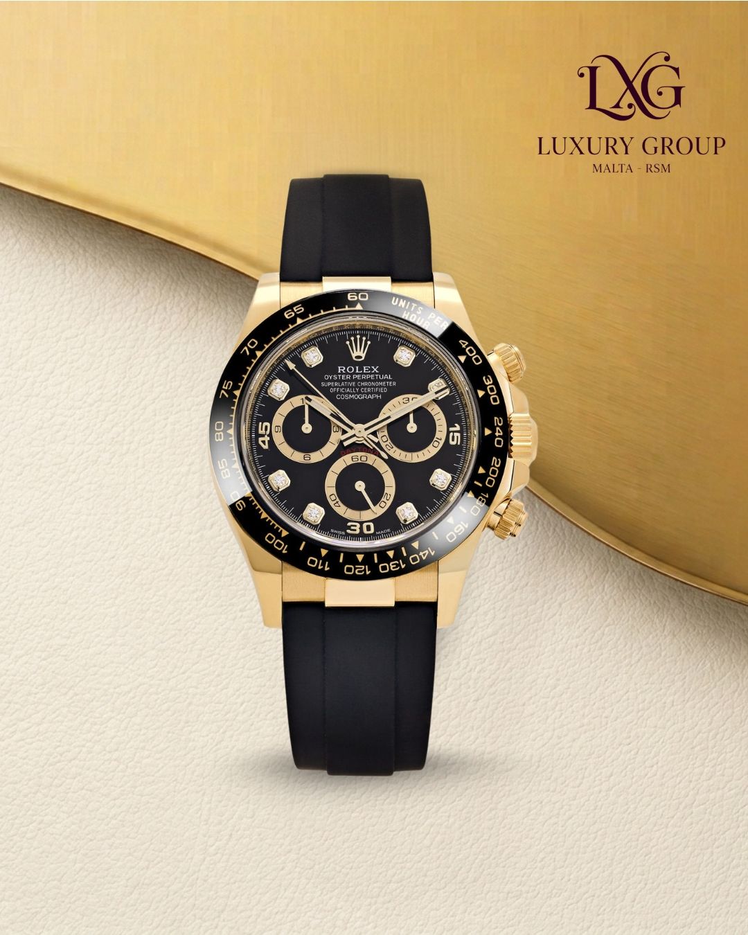 Rolex Cosmograph Daytona 116518LN in 18 ct yellow gold with black dial and Oysterflex bracelet
